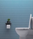 Toilet side.Modern toilets design with blue hexagon tile wall.