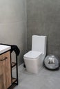 toilet and small washbasin in simple bathroom in gray floor and wall tiles Royalty Free Stock Photo