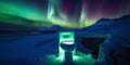 A toilet in the snow with the aurora lights in the background. Generative AI image.