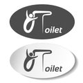 Toilet symbols on white background. White silhouette with letters in a dark grey oval label and dark grey silhouette with letters