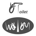 Toilet symbols on white background. White silhouettes with letters in a dark grey oval and dark grey toilet icon on white backgro