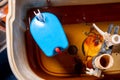 Toilet tank inside view with rust and calcium buildups. Fixing a toilet cistern at home float mechanism. Royalty Free Stock Photo