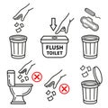 Toilet trash bin, recycling garbage, not throw paper tissue in restroom bowl, flush water in public WC room. No litter line icon