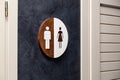 Toilet, wc icon, round wooden white and brown sign on restroom door in the hallway, restaurant, lobby. Concept sign of toilet room