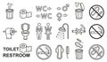 Toilet WC, public restroom, shower room, paper tissue towel icon set. No smoking. Throw hygiene sanitary pad in trash can. Vector