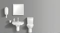 Toilet with white ceramic sink and mirror. Modern realistic accessories for interior restroom with washbasin and hand