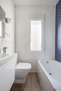 Toilet with white lacquered furniture, bathtub wall with blue tile
