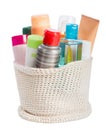 Toiletries in backet Royalty Free Stock Photo