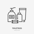 Toiletries, cosmetic flat line icon. Spa hotel service vector illustration. Thin sign of soap bottle, shampoo, lotion Royalty Free Stock Photo