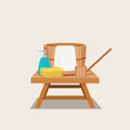 Toiletries flat vector illustration. Japanese Hot spring stuff such as wooden bucket, small wooden chair, soap, towel, and sponge