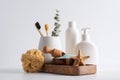 Toiletries and personal hygiene and bath products on white countertop in bathroom Royalty Free Stock Photo