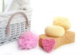 Toiletries stuff sponge gel shampoo towels Royalty Free Stock Photo