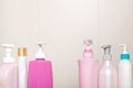 Toiletry bottles in bathroom Royalty Free Stock Photo