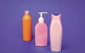 Toiletry and cosmetic plastic containers for liquid shower and bath products packing in row, bottles