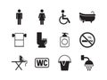 Toilets symbols. Man and woman toileting washing public rooms flush wc pictogram vector collection