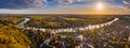 Tokaj, Hungary - Aerial panoramic view of the town of Tokaj wine region with town of Tokaj with River Tisza and golden sunrise