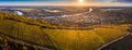 Tokaj, Hungary - Aerial panoramic view of the famous Hungarian vineyards of Tokaj wine region with town of Tokaj, River Tisza Royalty Free Stock Photo