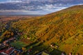 Tokaj, Hungary - Aerial view of the golden vineyards on the hills of wine region of Tokaj on a warm sunny autumn morning