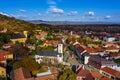 Tokaj, Hungary - Aerial view of the Heart of Jesus Church at the main square of the town of Tokaj on a sunny autumn morning Royalty Free Stock Photo