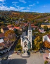 Tokaj, Hungary - Aerial view of the Heart of Jesus Church at the main square of the town of Tokaj on a sunny autumn morning Royalty Free Stock Photo