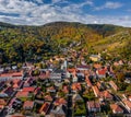 Tokaj, Hungary - Aerial view of the town of Tokaj on a sunny autumn morning with blue sky and clouds. Heart of Jesus Church
