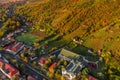 Tokaj, Hungary - Aerial view of the world famous Hungarian vineyards of Tokaj wine region with wine cellars