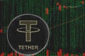 Token usdt tether cryptocurrency on the background of binary crypto matrix text and price chart.