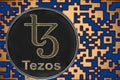 Token xtz tezos coin cryptocurrency on the background of gold crypto code