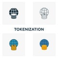 Tokenization icon set. Four elements in diferent styles from fintech icons collection. Creative tokenization icons filled, outline