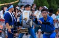 Tokushima, Japan - August 12, 2002: Male dancer performs lantern dance at Awaodori street festival