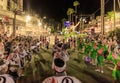 Tokushima, Japan - August 12, 2022: Performers parade down street during crowded Awaodori festival