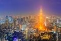 Tokyo, Japan - October 22, 2016: Aerial cityscape at night with shinning Tokyo Tower viewed from Mori Tower at Roppongi Hill Royalty Free Stock Photo