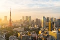 Tokyo city downtown district with Tokyo Tower at sunset, evening cityscape view. Japan tourist attraction landmark or Asia travel
