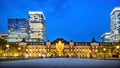 Tokyo city skyline at railway station surround by modern highrise building at twilight time. Royalty Free Stock Photo