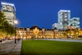 Tokyo city skyline at railway station surround by modern highrise building at twilight time. Royalty Free Stock Photo