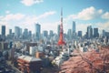 Tokyo cityscape with cherry blossom and Tokyo Tower, City view with Tokyo Tower, Tokyo, Japan, AI Generated