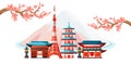 Tokyo cityscape touristic landmarks. Vector illustration. Travel to Japan. Japanese landscape, houses on Fuji background Royalty Free Stock Photo