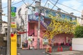 Colorful facade of Design Festa Gallery building dedicated to artists in Harajuku.