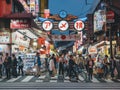 Ameyoko Market Ueno shopping street Entrance neon sign with Crowd people Tokyo Japan