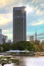 Acty Shiodome skyscraper overlooking the Nakajima-no-ochaya teahouse of Hama-rikyÃÂ« Gardens.