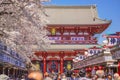 Crowd walking towards the giant paper lantern of Kobunacho in the Sensoji temple of Asakusa.