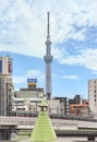 Train passing between weathercock of Nippori station and the Tokyo Skytree. Royalty Free Stock Photo