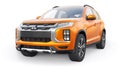 Tokyo. Japan. April 6, 2022. Mitsubishi ASX 2020. Orange compact urban SUV on a white uniform background with a blank