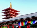 TOKYO, JAPAN - APRIL, 18, 2018: pagoda tower and flags at sensoji temple Royalty Free Stock Photo