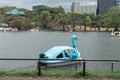 People enjoy riding swan paddle boats in Shinobazu Pond in Ueno park with cherry blossom sakura