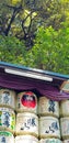 Tokyo, Japan on April 15, 2019. A row of barrels of Japanese sake drinks at Meiji Jingu