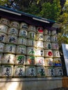 Tokyo, Japan on April 15, 2019. A row of barrels of Japanese sake drinks at Meiji Jingu