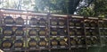 Tokyo, Japan on April 15, 2019. A row of barrels of Japanese sake drinks at Meiji Jingu