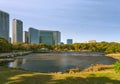 Wide view of the Shiori-no-ike seawater tidal pond in Hama-rikyÃÂ« Gardens with several teahouses.