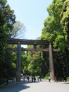 People walk through the large Torii entrance gate of the famous Meiji-Jingu Shinto Shrine, located in Shibuya, Tokyo, Japan. Royalty Free Stock Photo